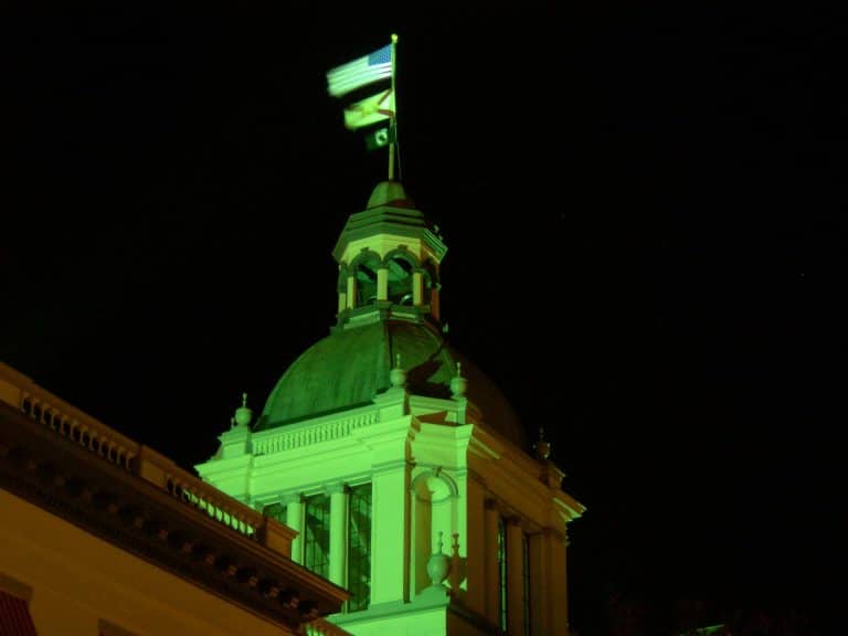 Illuminated domed building at night with flags.