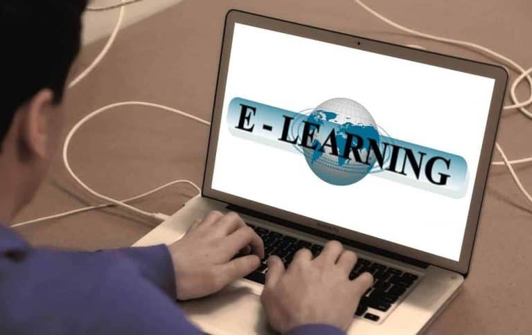 Person using laptop displaying e-learning.