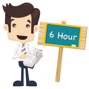 Cartoon man holding book beside six hour sign