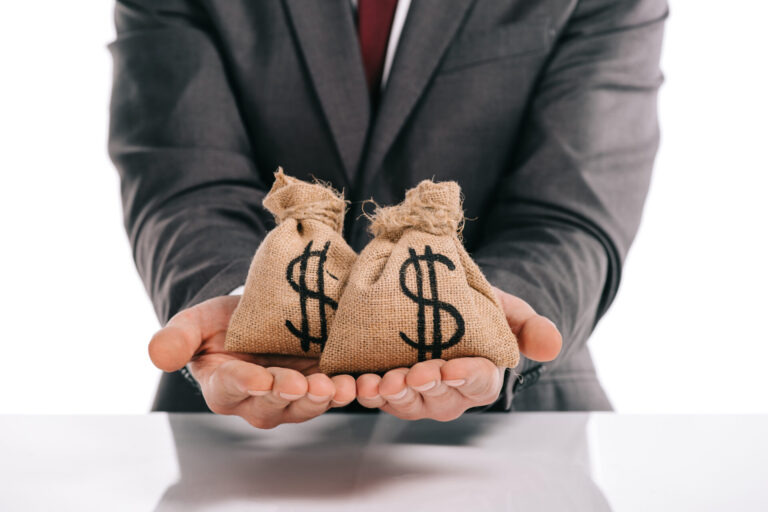 Person holding burlap money bags with dollar signs.