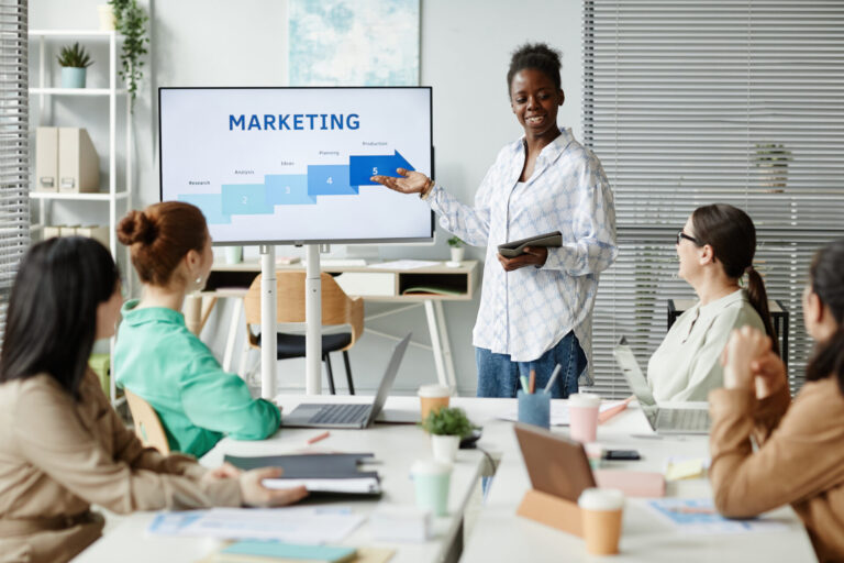 Businesswoman presenting marketing strategy to team